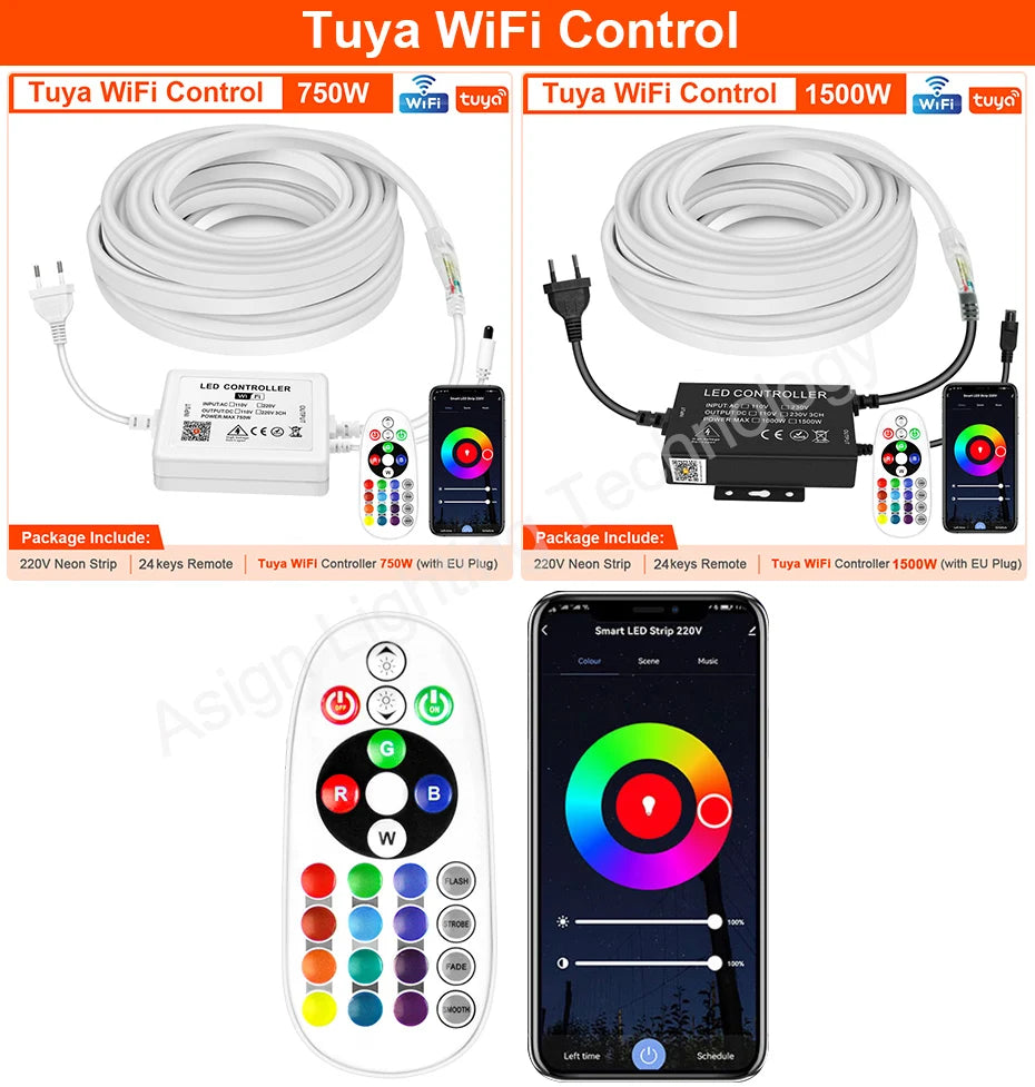 220 V RGB LED-neonlist IP65 med fjärrkontroll, Bluetooth eller Tuya WiFi, 1–100 m