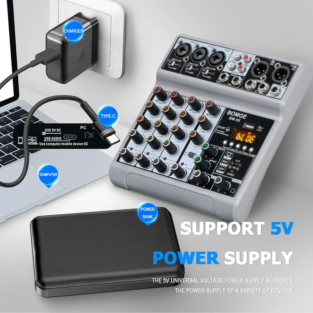 BOMGE 5 Channel Mixer with 3 Mic Line Input 48V Stereo Bluetooth MP3 PC U Dish Recording for Studio with Headphone Monitoring