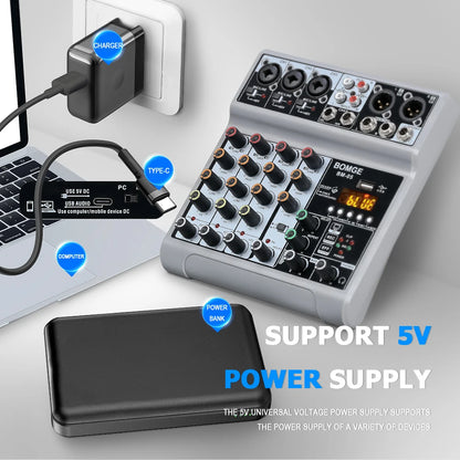 BOMGE 5 Channel Mixer with 3 Mic Line Input 48V Stereo Bluetooth MP3 PC U Dish Recording for Studio with Headphone Monitoring