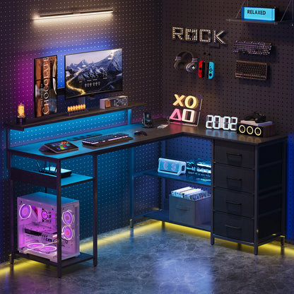 Black L-shaped gaming desk 120x110cm with monitor stand, drawers, cable cutout, and multiple shelves; office table for home use