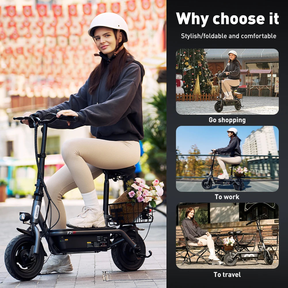 iScooter F2 hopfällbar elscooter med sits, korg och 10-tumsdäck