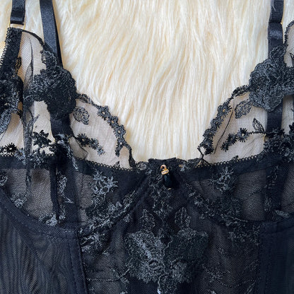 Floral Embroidered Boned Corset Lingerie Set Sheer Mesh Underwire Bustier Garter Straps Waist Cincher Romantic Night Clubwear