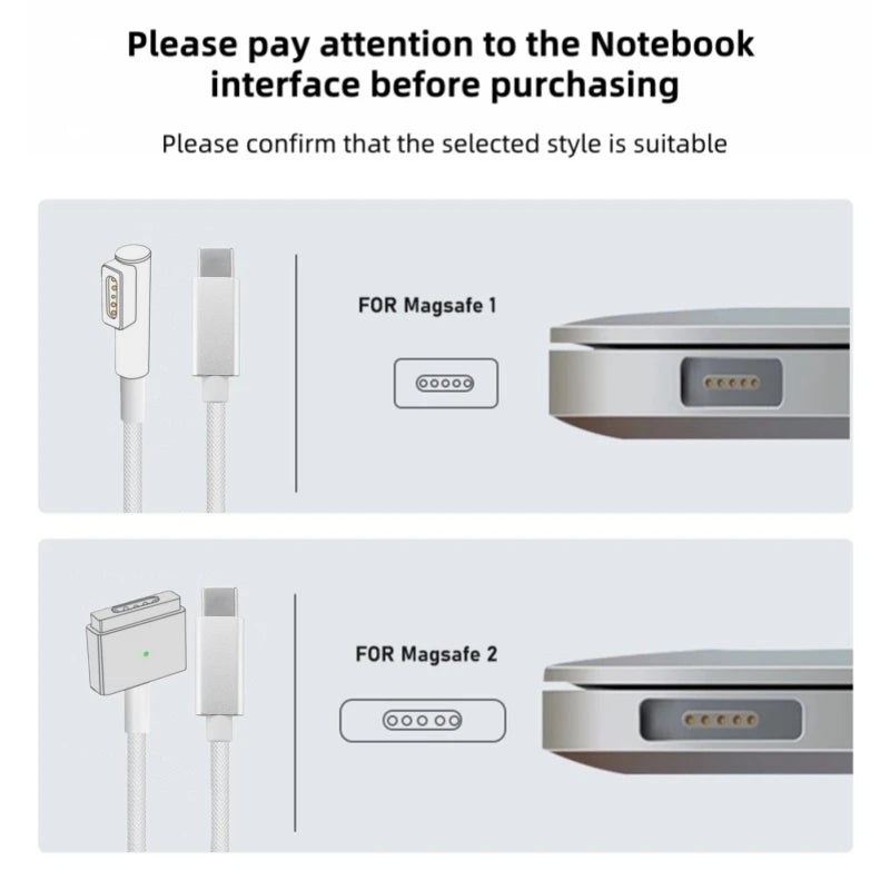 Magnetic Safe Charging Cable for MacBook, USB-C to MagSafe 1/2 Braided Cable Compatible with MacBook Air Pro 45W 60W 85W Adapter