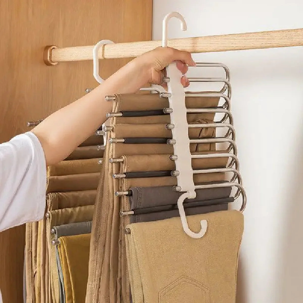 Upgrade 9 Layers Pants Hangers Space Saving, Jeans Hangers Non Slip Stainless Steel Multifunctional Rack S-Type Closet Organizer