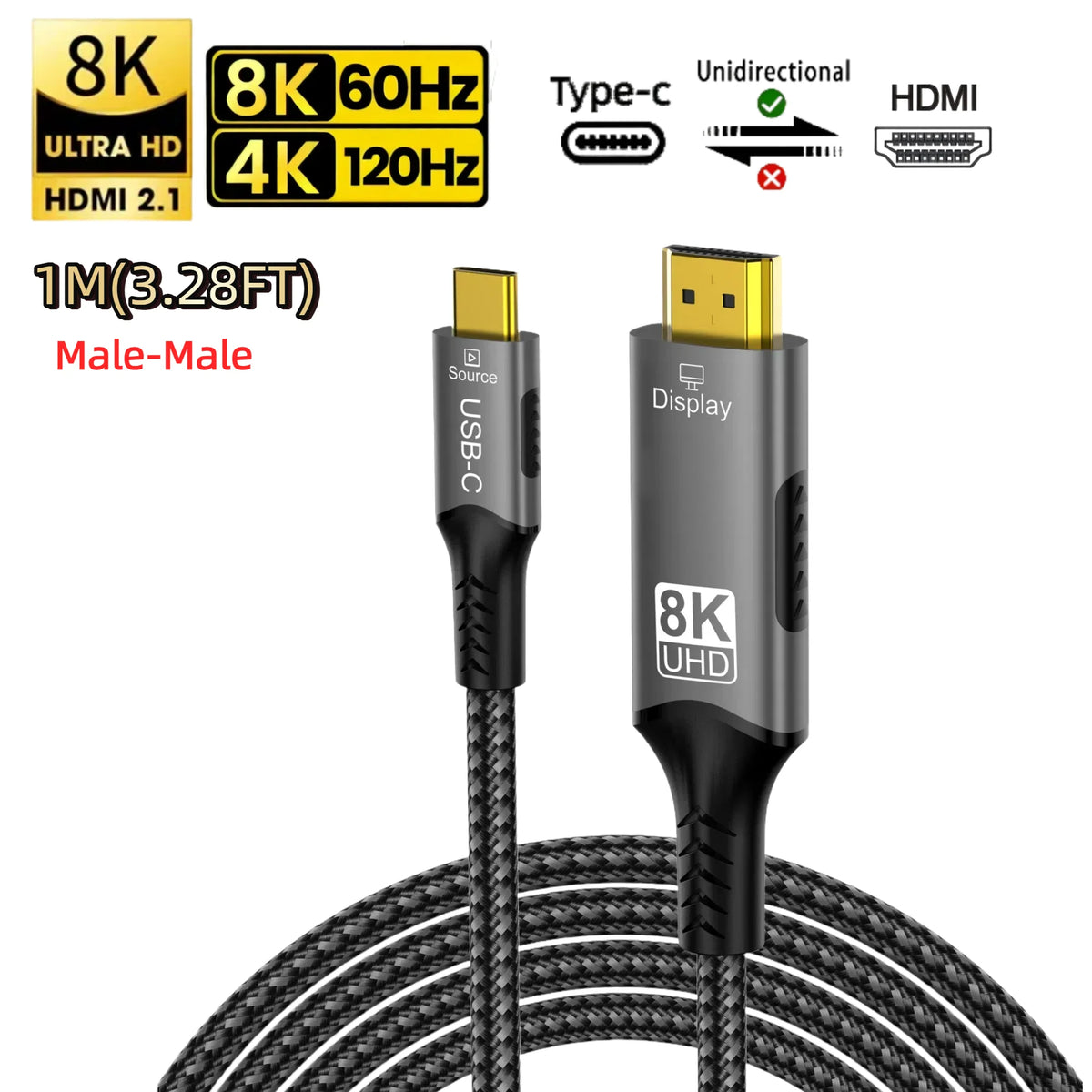 8K@60Hz 8K USB C to HDMI 2.1 Cable Adapter Type C to HDMI Cable for Thunderbolt 3 Compatible with MacBook Pro IPad pro Laptop