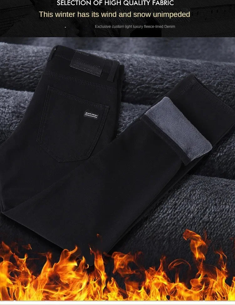 2026 Brand Brushed Jeans Winter Jeans Men Slim Fit Stretch Thick Velvet Pants Warm Jeans Casual Fleece Trousers Male
