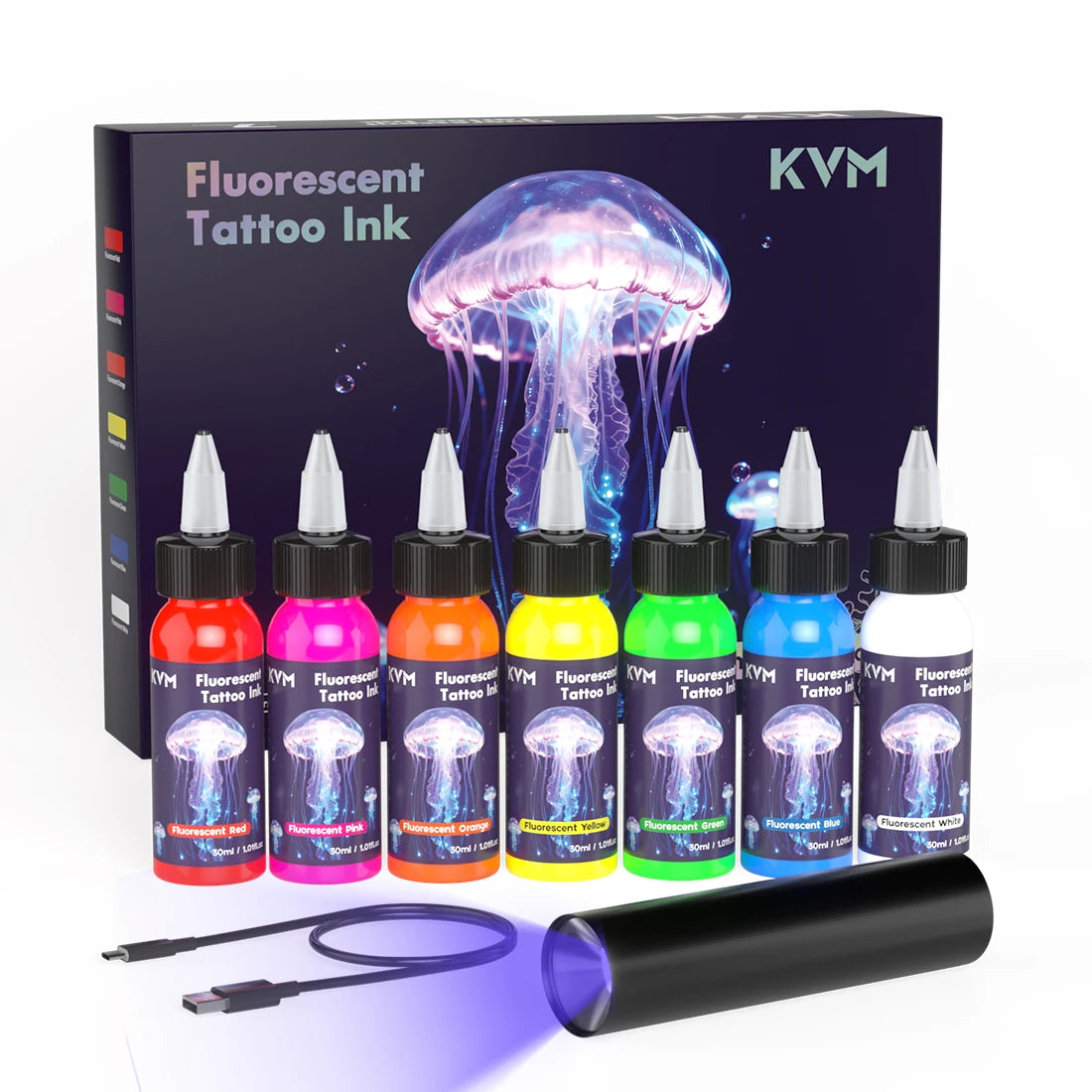 KVM 30ml 7 Color Fluorescent Tattoo Ink Pigment Body Art Ink Equipped with Ultraviolet Light Illumination Lamp Tattoo Supplies