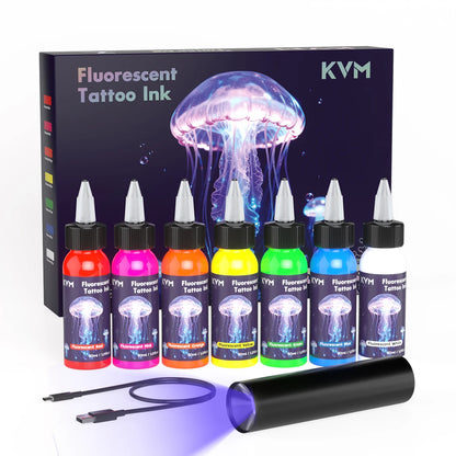 KVM 30ml 7 Color Fluorescent Tattoo Ink Pigment Body Art Ink Equipped with Ultraviolet Light Illumination Lamp Tattoo Supplies