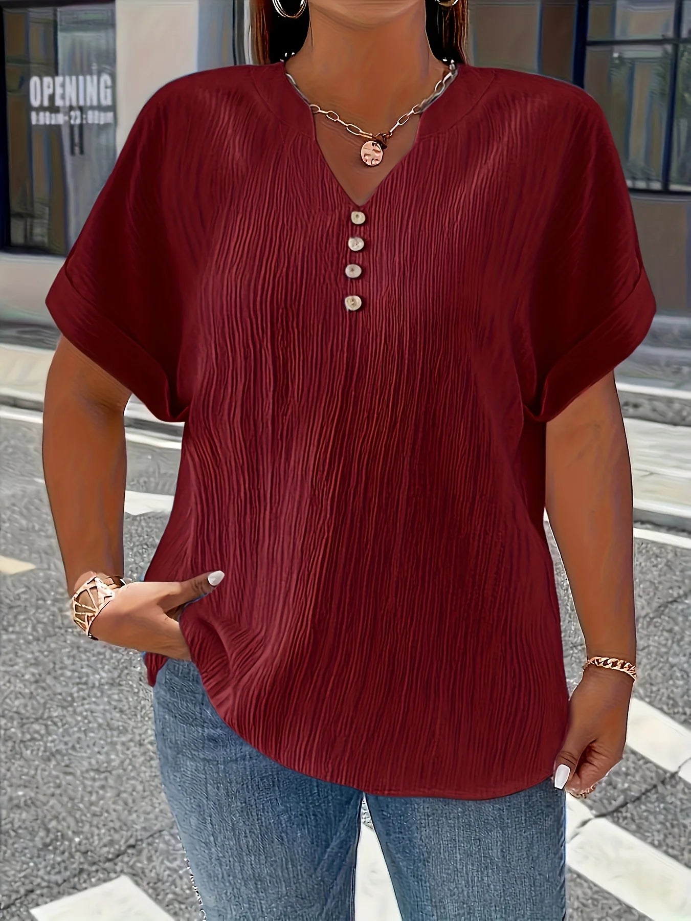 Dam Plus Size Krinklad Blus – Kortarm Knappdetalj Avslappnad Casual Året Runt, 10 Färger 1XL–5XL