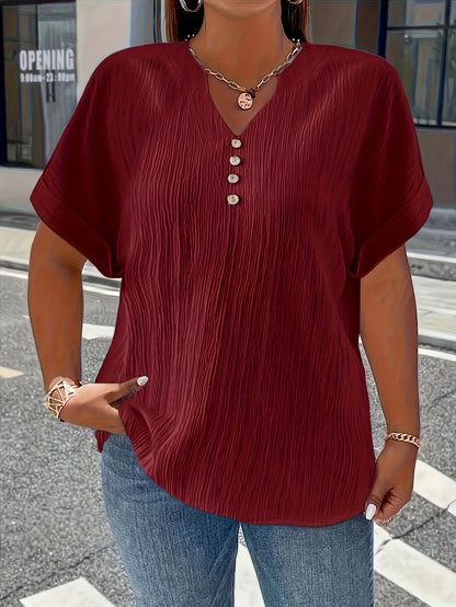 Dam Plus Size Krinklad Blus – Kortarm Knappdetalj Avslappnad Casual Året Runt, 10 Färger 1XL–5XL