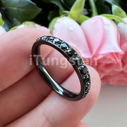 ITungsten 2/3/4mm Men Women Titanium Princess Cubic Zirconia CZ Inlay Ring Nice Eternity Engagement Wedding Band