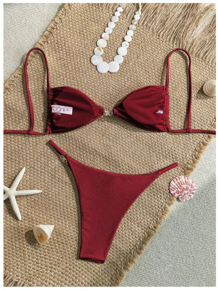 Cikini Women's Sexy Bikini Two Pieces Set Accessories Glossy Texture Special Fabric Solid Color Summer Beach Swimwear