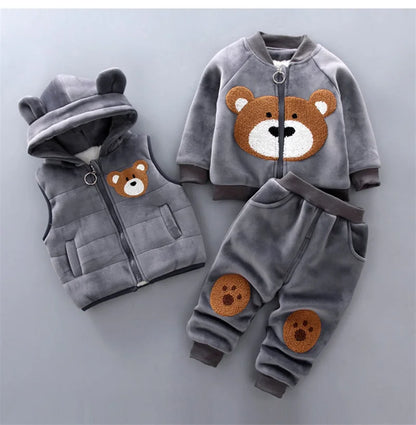 Winter Baby Clothing Sets Autumn Boys Girls Thick Warm Suits Hooded Sweater Cartoon Cute Bear Three-Piece kids Outfits 0-4 Years