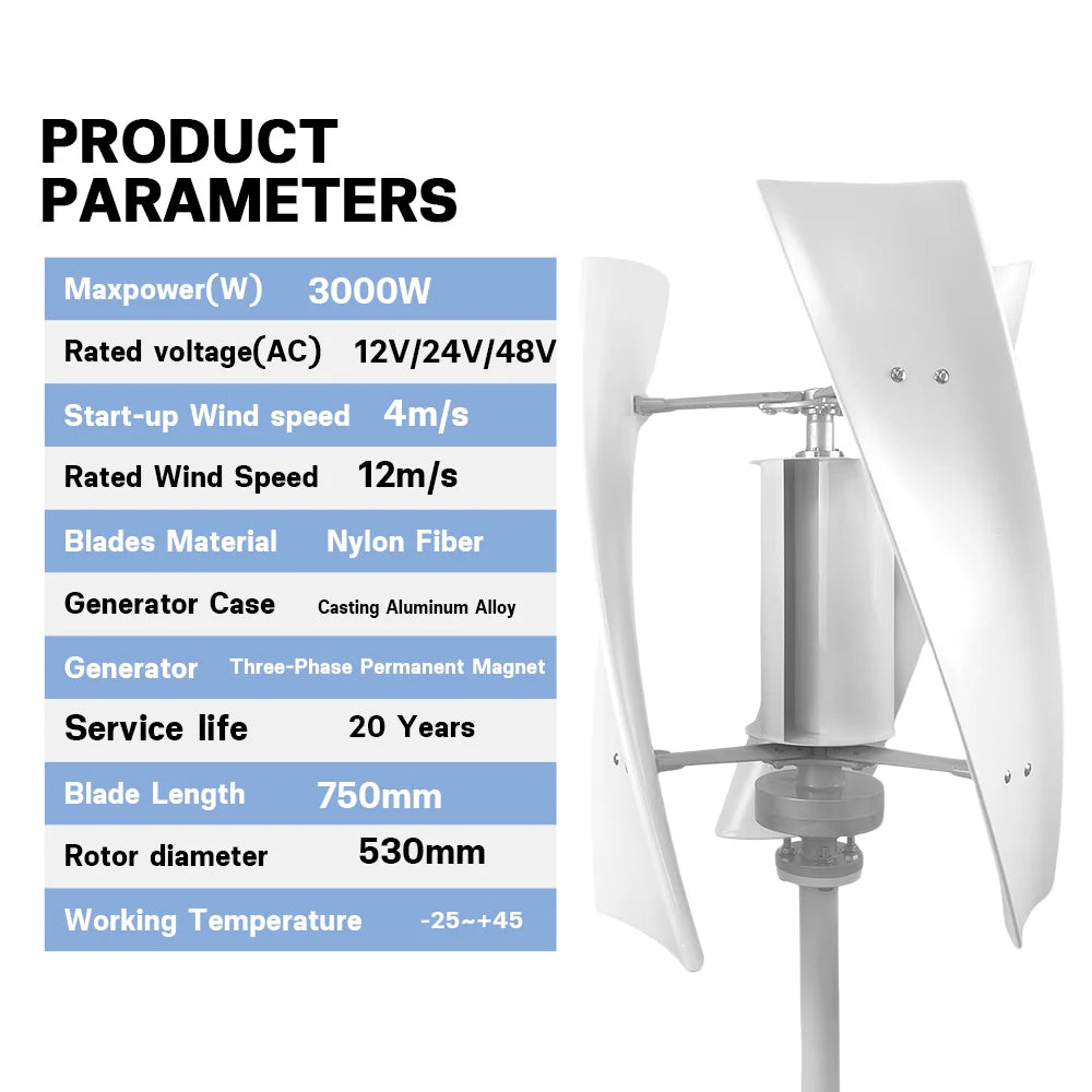 EKPAOWE Vertikal Vindturbin 3kW 12V/24V/48V – MPPT, Dual MPPT Sol+Vind Hybrid eller med 4×100W Solpaneler, EU-lager Polen