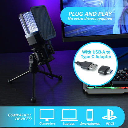 Gaming Microphone Professional Condenser Mic PC Laptop Computer Mike RGB USB Wired Studio Streaming Podcast Gamer Karaoke PC Kit