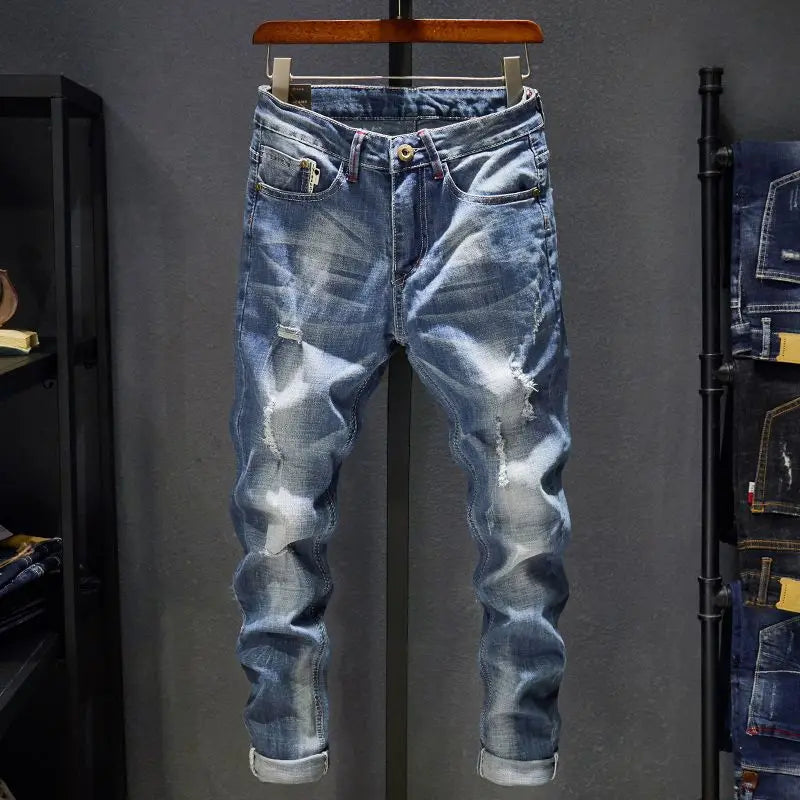 Slitna Slim Jeans för Herr – Elastiska Straight-fit Denim i Koreansk Stil