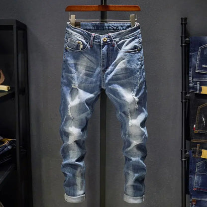 Slitna Slim Jeans för Herr – Elastiska Straight-fit Denim i Koreansk Stil