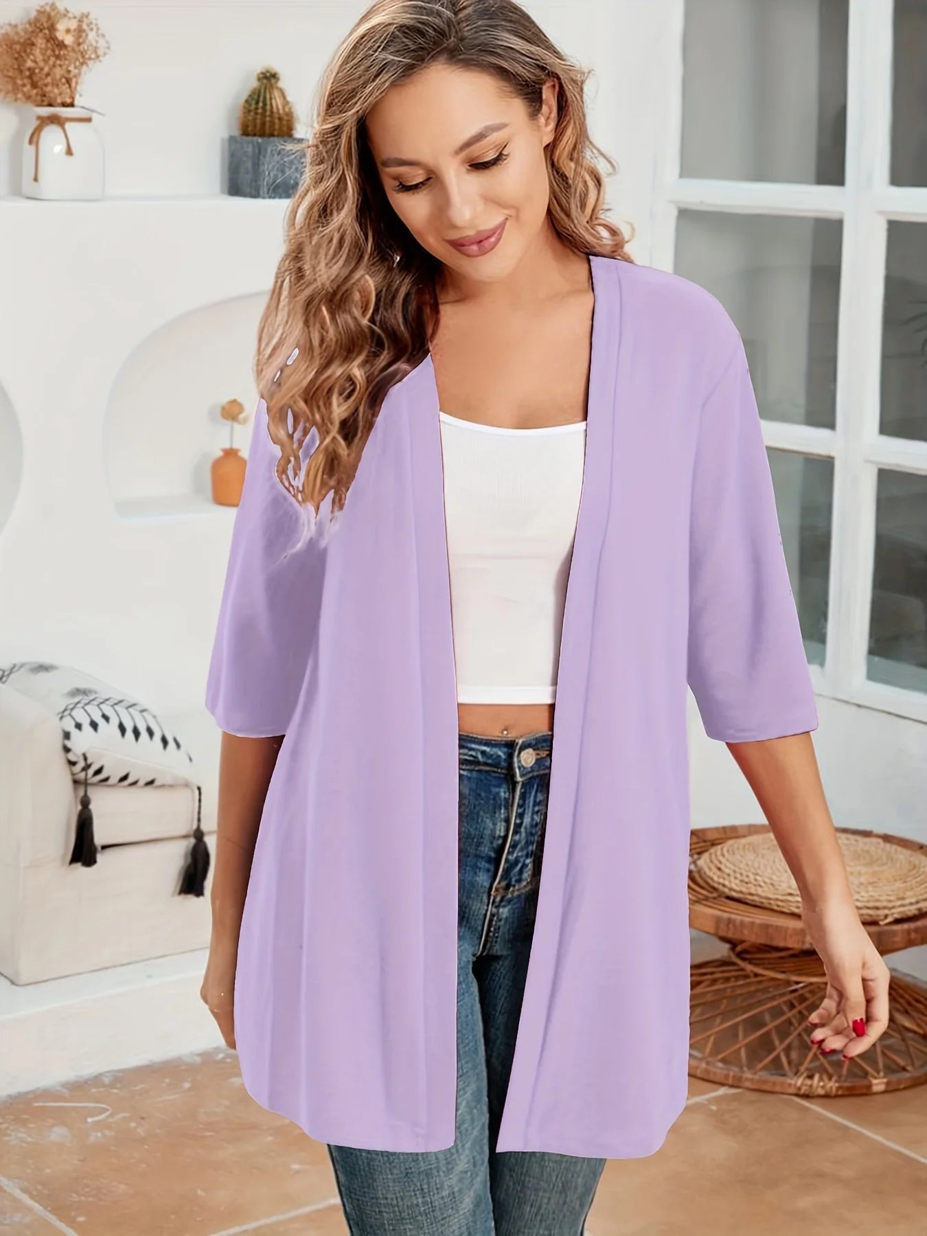 Dam Plus Size Elegant Kofta – Halvlång 3/4-ärm Hög Stretch Öppen Casual Höst/Vinter, 9 Färger XL–4XL