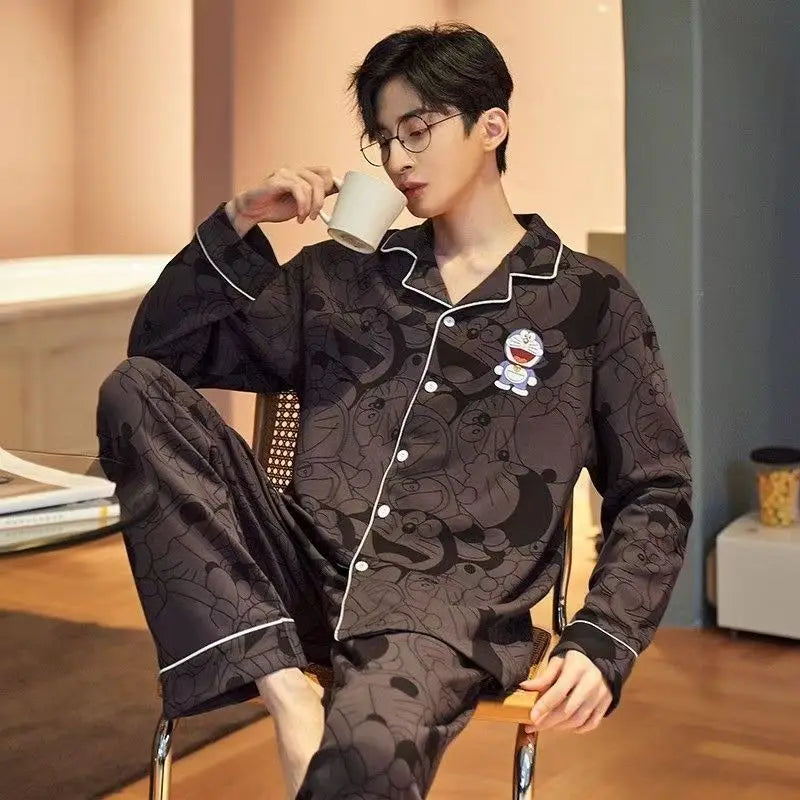 Casual Spring and Autumn Pajamas for Men, New Versatile Cardigan Long-Sleeved Long Pants Set, Simple and Stylish, Plus-Size Loungewear