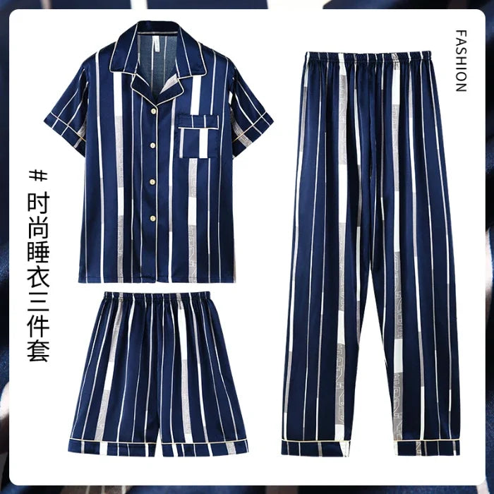 Fashion Summer Autumn 3 Piece Silk Men Pajamas Set Short Sleeve Shorts Oversize Homewear Lapel Collar Loungewear Pijamas for Man