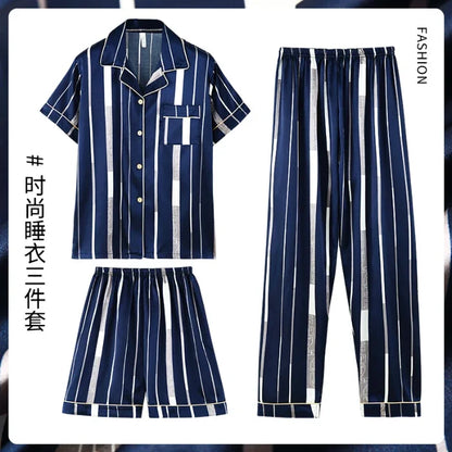 Fashion Summer Autumn 3 Piece Silk Men Pajamas Set Short Sleeve Shorts Oversize Homewear Lapel Collar Loungewear Pijamas for Man