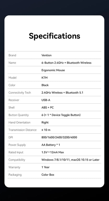 Vention Ergonomic Wireless Mouse Bluetooth 5.1 Dual-Mode USB 2.4G Mouse 4000 DPI 6 Buttons Mouse for PC MacBook Pro Tablet Mice