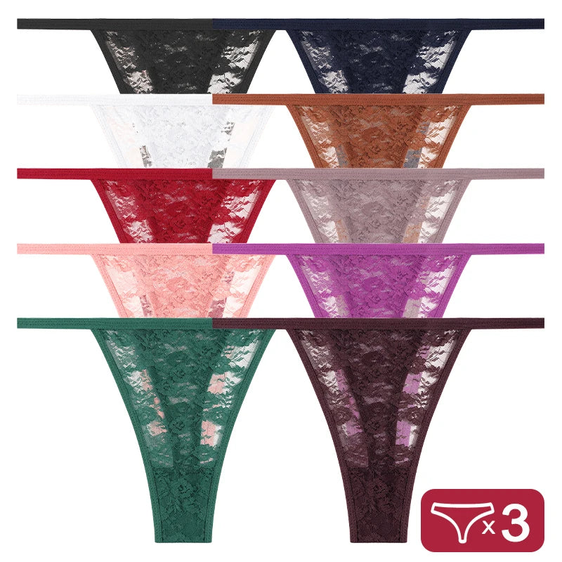 3Pcs/Set Sexy Lace Floral Panties For Women Solid Color Transparent Underwear Female Lace Perspective Hollow Out G-string Thongs