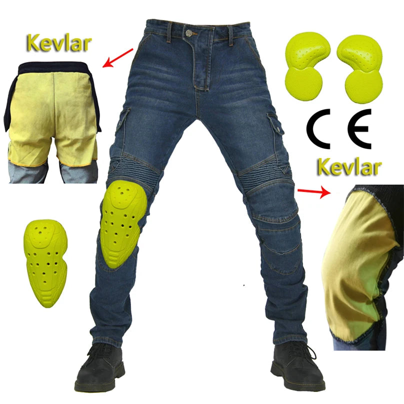 Kevlar MC-byxor med knä- och höftskydd, storlek XXS–5XL