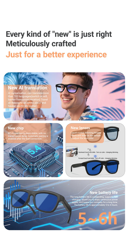 Touch Automatic Color Changing Dimming Bluetooth 5.4 Voice Assistant AI Smart Translation Music Glasses Men UV400 Protection