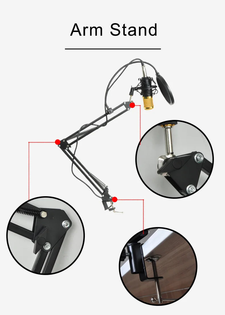 Freeboss BM-800 Kondensatormikrofon-kit med arm och stöttålig fäste för dator