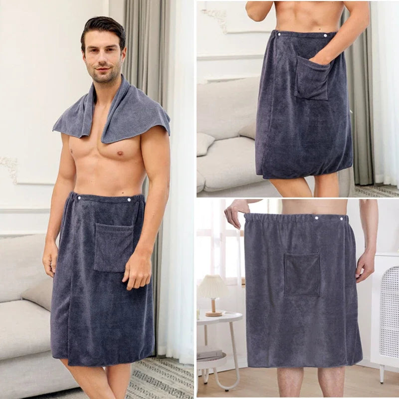 Men's Bath Robe Thickened Ultra-fine Fiber Absorbent One-piece Hotel Towel with Buckle Beach Skirt for Adults in Various Colors