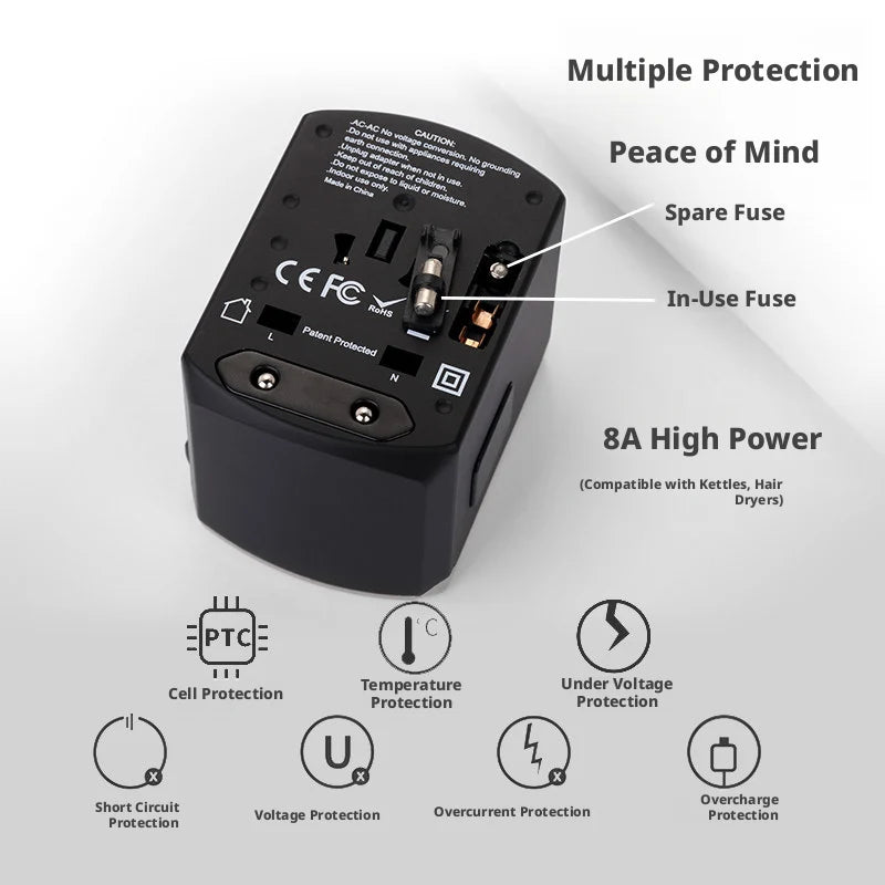 Global Power Converter for Travelers: Multi-Standard Plug (US/EU/UK/AU), 2000W Max, 4 USB Charging, Safety Door