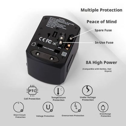 Global Power Converter for Travelers: Multi-Standard Plug (US/EU/UK/AU), 2000W Max, 4 USB Charging, Safety Door