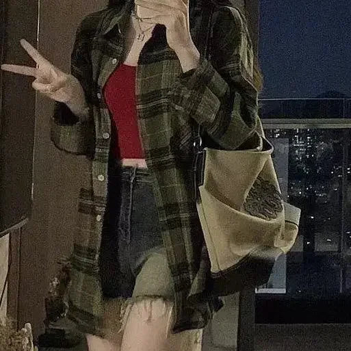 Vintage Dark Green Plaid Shirt Women Long Sleeve Oversized American Casual Fall Layering Top Blouse Coat Jacket