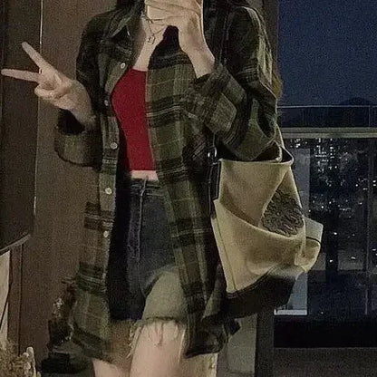 Vintage Dark Green Plaid Shirt Women Long Sleeve Oversized American Casual Fall Layering Top Blouse Coat Jacket
