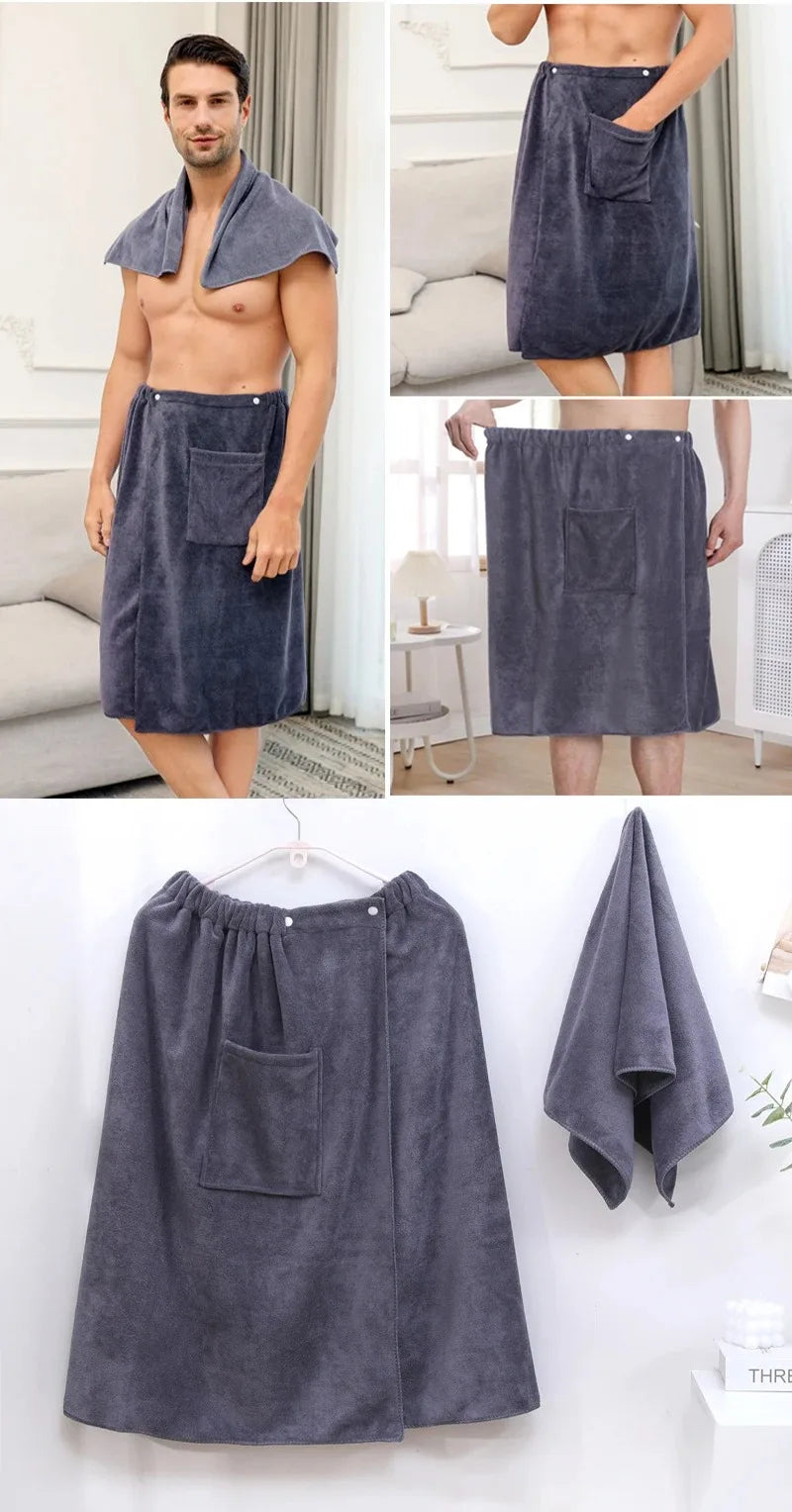Men's Bath Robe Thickened Ultra-fine Fiber Absorbent One-piece Hotel Towel with Buckle Beach Skirt for Adults in Various Colors
