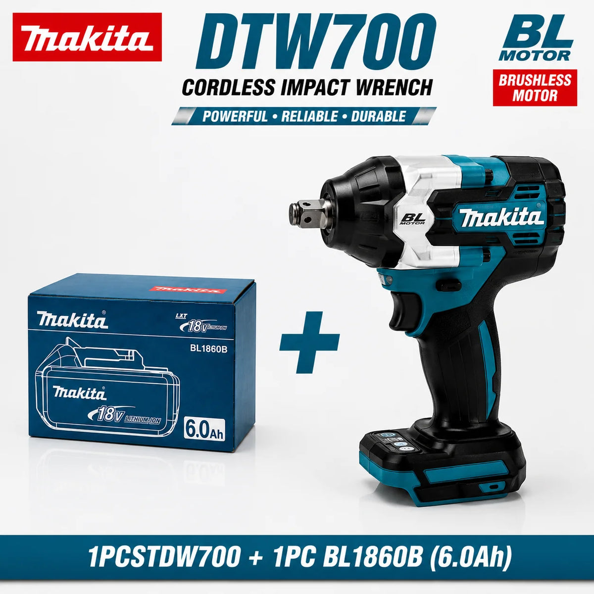 Makita DTW700 18V Kolborstfri Mutterdragare med 6.0Ah Batteri