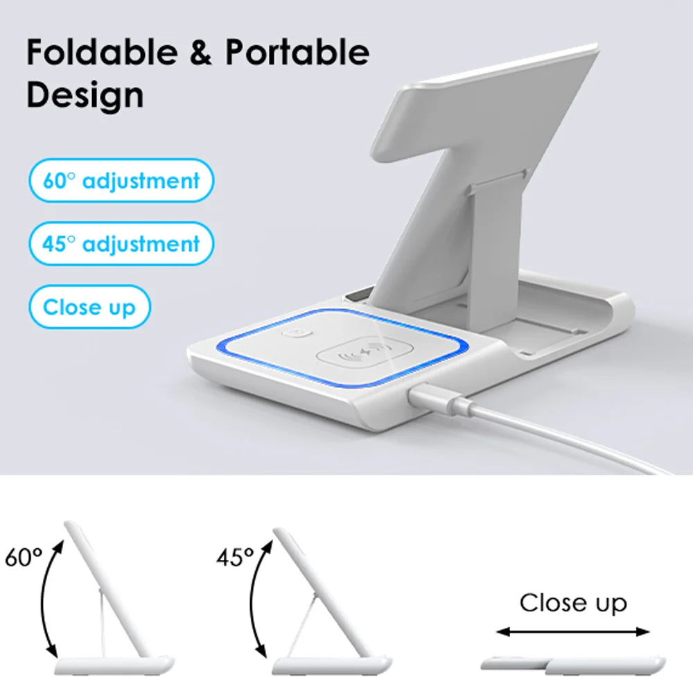 15W 3 in 1 LED Fast Wireless Charger Stand Foldable Charging Station For IPhone17-11 Apple Watch 9 8 7 6 5 Airpods Pro