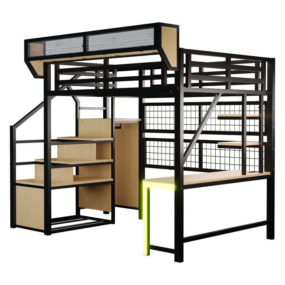 90×200cm & 140*200cm Metal High Bed, with Desk, Shelf and Storage Net, Complete with Safety Ladder, LED Lighting and Socket