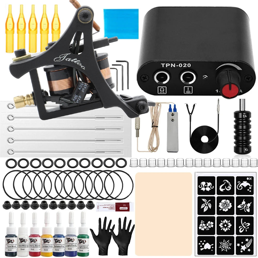 Coils Tattoo Machine Kit Power Supply with Tattoo Needles Ink Accessories Set for Tattoo Body Art Tool Permanent Makeup Kit