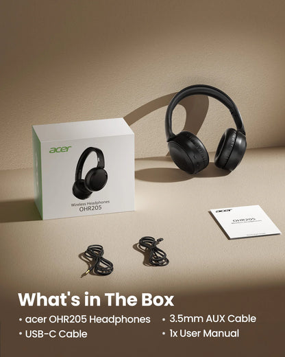 Acer OHR205 Bluetooth 6.0 Headset – 70h Batteritid 2000mAh 50mm NFC Multipoint Minnesskum Hopfällbar Resa Kontor Beige Svart