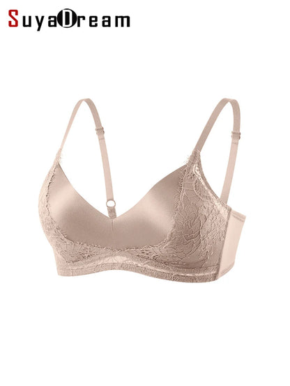 SuyaDream,Women Silk Bras, 93%Silk 7%Spandex, Wire Free, Lace Padded Bra, 2025 New Cozy Intimates, Black, White