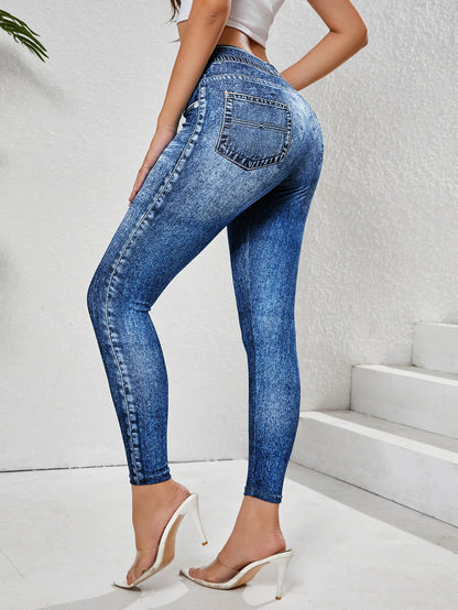 Women's Imitation Denim Leggings With Pockets High Stretchy Comfortable Tummy Control Fitness Gym Yoga Pants Daily Wear