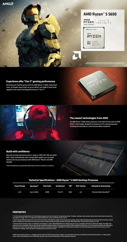 Cost Effective AM4 Upgrade CPU AMD Ryzen 5 5600 6 Cores 12 Threads 7NM Zen3 32MB Cache Desktop PC Chip Without Box