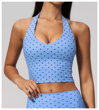 Yoga Bra Women Sports Underwear Fitness Crop Top Polka Dot Yoga Vest Deep V Backless Sports Vest Female Workout Shockproof Tops
