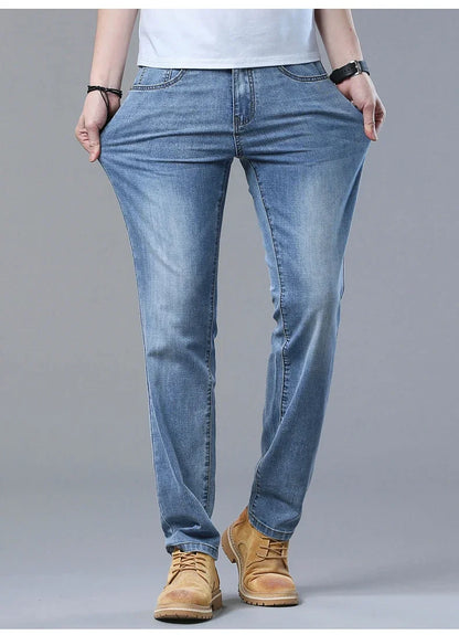 Spring and Summer Thin Men's Light Blue Slim Jeans Stylish Casual Stretch Fabric Denim Pants Classic Trousers Smoke Gray