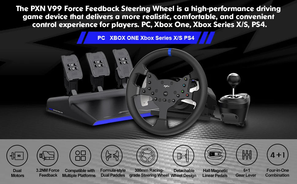PXN V99 PC Racing Wheel Real Force Feedback Steering Wheel with Pedals Shifter Detachable 270/900 Degree Gaming Wheel