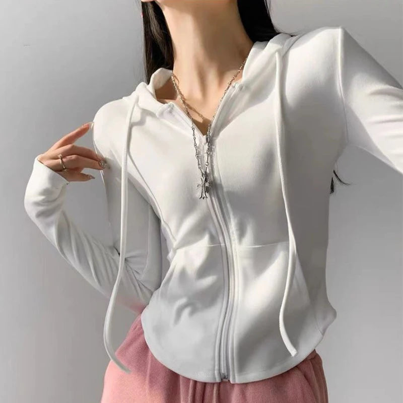 Women's Slim Fit Hooded Zip Up Sports Sweatshirt | Autumn Cropped Casual Jacket Long Sleeve Athletic Outerwear K Pop Clothes