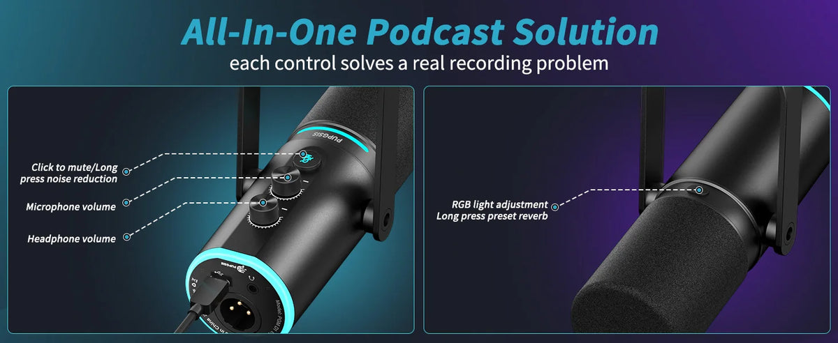 PUPGSIS Podcast Microphone Kit, USB/XLR Dynamic Vocal Mic, Streaming Mic with RGB Lights for PC/XLR Mixer, with Mute Button, Headphone Jack, Gain Knob, for Gaming Voice-Over Recording