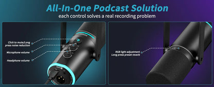 PUPGSIS Podcast Microphone Kit, USB/XLR Dynamic Vocal Mic, Streaming Mic with RGB Lights for PC/XLR Mixer, with Mute Button, Headphone Jack, Gain Knob, for Gaming Voice-Over Recording